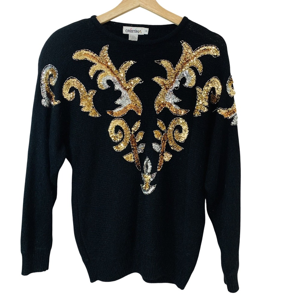Vintage 80s Christina Artsy Silk Angora Sequin Gold  Black Pull Over Sweater Med